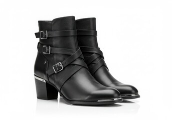 Black leather ankle boots with buckles isolated on white background