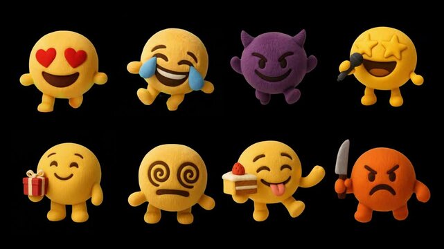 Playful 3D emoji collection animation isolated asset, transparent 4K video, alpha channel, ProRes 4444 set
