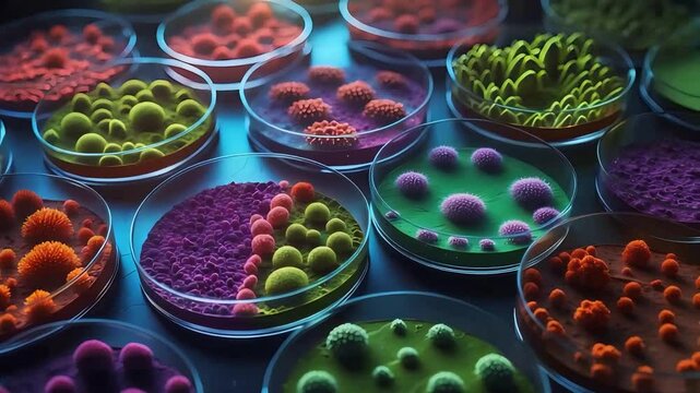 Colorful Mold Cultures Growing in Petri Dishes Under Laboratory Light Showing Fungal Colonies in Close-Up Scientific Microbiology Setup


