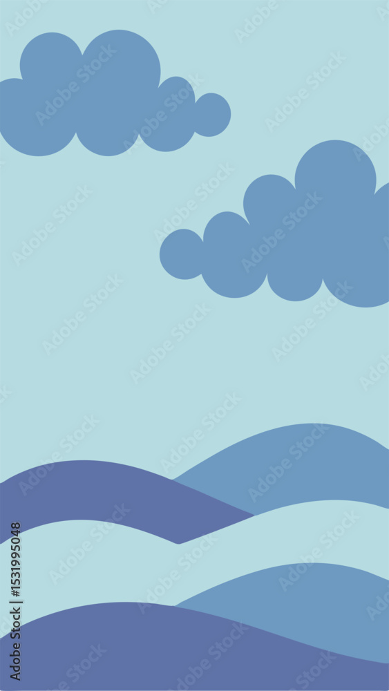 Poster abstract sky scene with clouds and hills simple design on white background