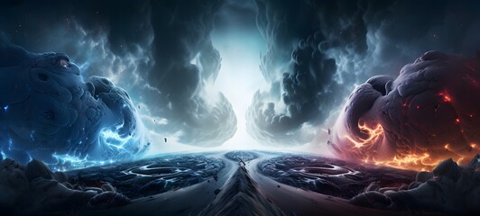 Galaxy Version of God vs monster world, ai generative