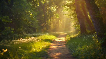 Obraz premium Sunlit forest path with golden rays through trees, a serene nature escape ﻿