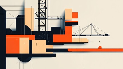 A sleek design with abstract forms of forklifts and cranes, highlighted by bold, simple lines.