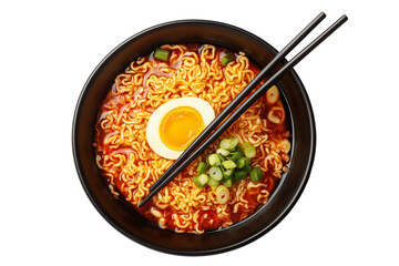 Hot and spicy Korean ramen noodles with chopped green onion boiled egg in black bowl, isolated on white transparent background