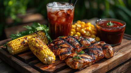 cold drinks, corn on the cob, grilled chicken, and BBQ sauce on a rustic outdoor dining table, styled for summer lifestyle marketing