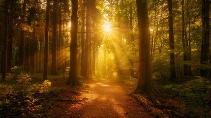 Fototapeta premium Sunlit forest path with golden rays through trees, a serene nature escape ﻿