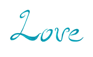Lettering word Love. Light blue color. Isolated on white background. Italic font, rounded lines, long swirling serif letters. Different shades of indigo blue. Dynamic letters.