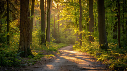 Obraz premium Sunlit forest path with golden rays through trees, a serene nature escape ﻿