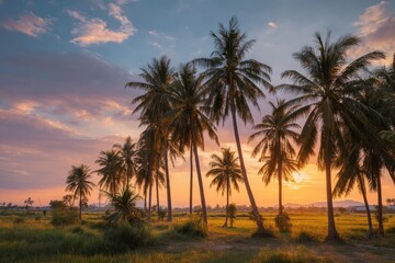Fototapeta premium Palm trees at golden sunset over rice paddy