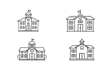 A collection of four outlined school building illustrations featuring iconic architectural details, such as clock towers and flags. These vector line art designs are of educational institutions.
