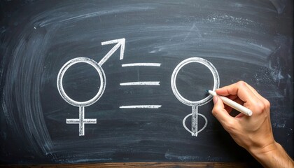 Symbolic chalkboard depiction illustrating gender transition and equality focus