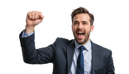 A happy businessman in suit shouting with the fist raised isolated on transparent background. Winner concept.