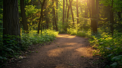 Sunlit forest path with golden rays through trees, a serene nature escape
﻿