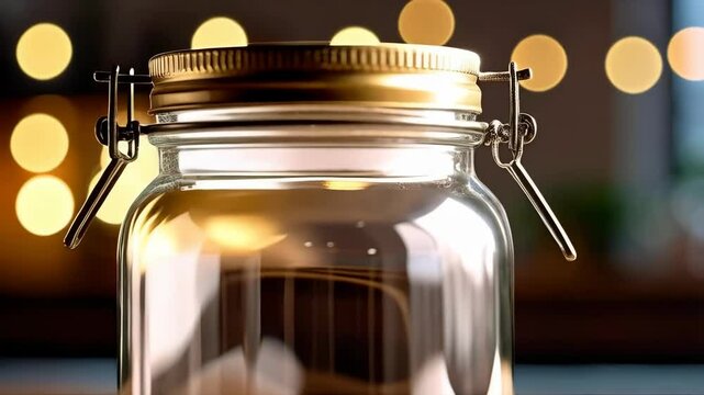 Elegant empty glass jar with golden metal lid, antique style, on wooden surface, bokeh lights background, close up view, kitchen decor
