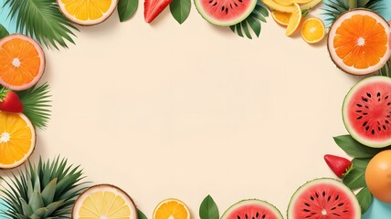 Frame made of exotic fruits on color background, top view. Space for text