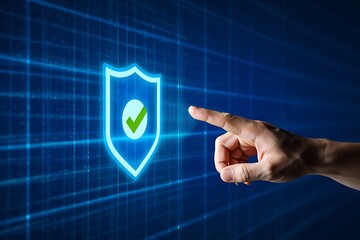 Hand activates digital shield, securing data in a blue grid