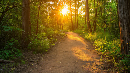 Obraz premium Sunlit forest path with golden rays through trees, a serene nature escape ﻿