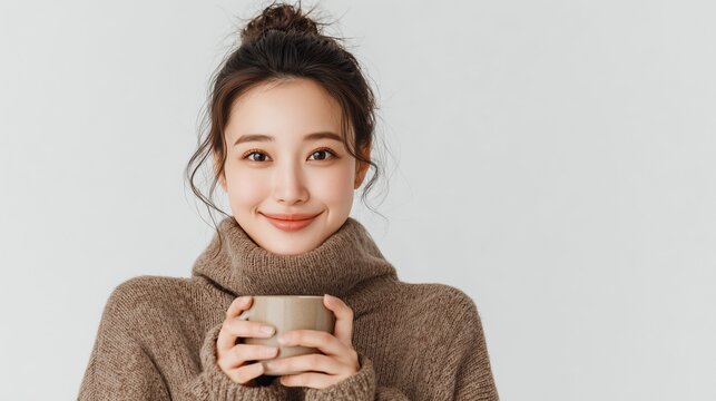 A young Asian woman in a cashmere sweater holding a luxury coffee mug, white background, high-end lifestyle, cozy elegance