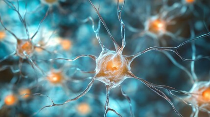 Microscopic view of glowing nerve cells on dark blue background featuring detailed neurons and synapses for scientific, medical, and biological visualization concepts in high-resolution abstract illus
