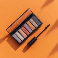 Eye shadow palette and mascara on orange background
