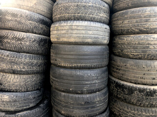 Stacks of old worn-out rubber for cars.