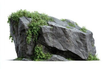 Large dark gray rock with green plants