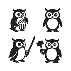 Four Cartoon Owls in Various Poses