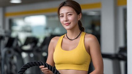 Fototapeta premium An Asian woman athlete exercises with battle ropes in a gym.