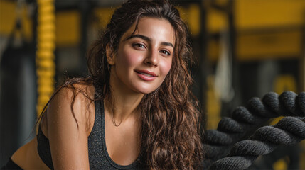 An Arabian woman athlete exercises with battle ropes in a gym.