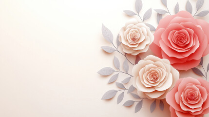 Elegant paper flowers in soft pink and white hues with delicate leaves create serene and artistic composition on light background, perfect for tranquil and creative atmosphere