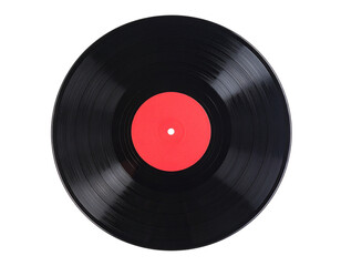  Vintage Black Vinyl Record with Bold Red Label, Retro Music Studio Shot, Transparent Background. PNG