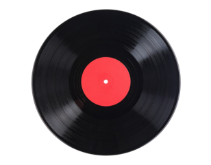  Vintage Black Vinyl Record with Bold Red Label, Retro Music Studio Shot, Transparent Background. PNG
