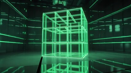 Futuristic Glowing Green Wireframe Cube Floating in Digital Room with Reflections and Grid Lines in Sci-Fi Virtual Reality Space

 - Powered by Adobe