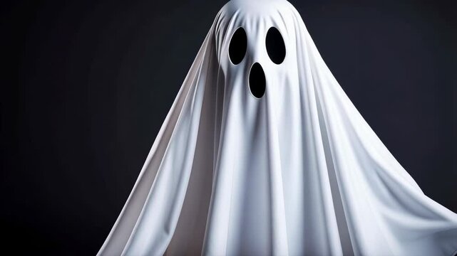 Spooky Halloween decoration featuring a white sheet ghost figure with black eye holes isolated against a dark background in a studio setting.