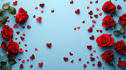 Red roses and scattered heart shapes create romantic and vibrant border on light blue background, perfect for love themed design