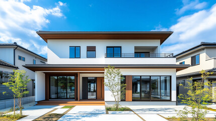 シンプルな日本の二階建て住宅、戸建て住宅 白