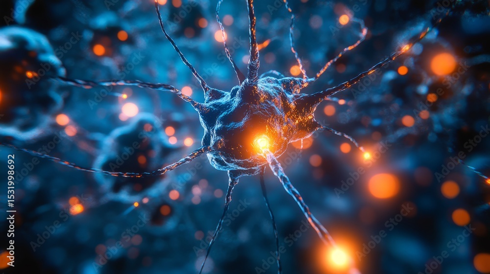 Poster microscopic view of neuron cells forming a neural network illustrating brain signal transmission, hu