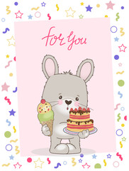 Cute Bunny Holding Ice Cream and Cake Vector Illustration