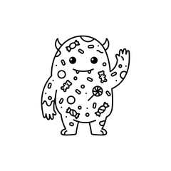 Obraz premium Black Lined Icon of Candy-Covered Monster Waving