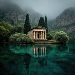 Fototapeta premium Ancient temple reflected in a tranquil lake, misty mountains