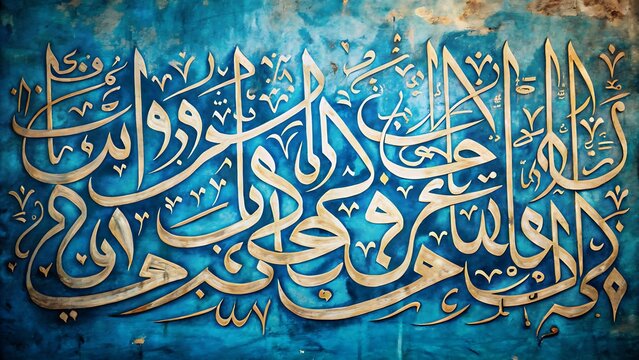 Elegant islamic calligraphy art featuring golden script on a textured blue background showcasing traditional arabic design and cultural heritage