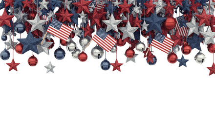 Festive patriotic border with US flags, red, white, blue stars, and ornaments for Fourth of July, Memorial Day, Labor Day, election campaigns, sales banners, and national holiday promotions,