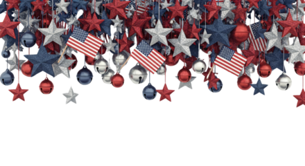 Festive patriotic border with US flags, red, white, blue stars, and ornaments for Fourth of July, Memorial Day, Labor Day, election campaigns, sales banners, and national holiday promotions,