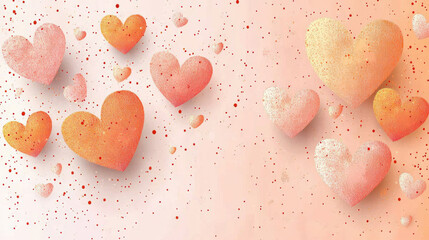 Collection of textured orange and pink hearts float against soft gradient background, creating romantic and dreamy atmosphere. Small speckles add playful touch