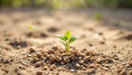 New Life & Growth: Young Green Plant Sprouting in Dry Soil with Sunlight - Hope, Agriculture & Nature Concept
