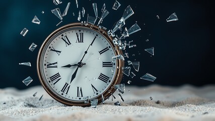 Shattering Antique Clock Roman Numerals White Face Gold Frame Time Passing Concept Dark Background Sand Texture