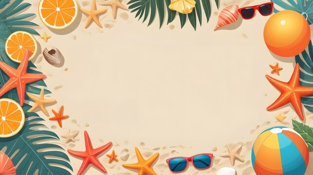 Summer holiday background with starfishes, seashells and orange.