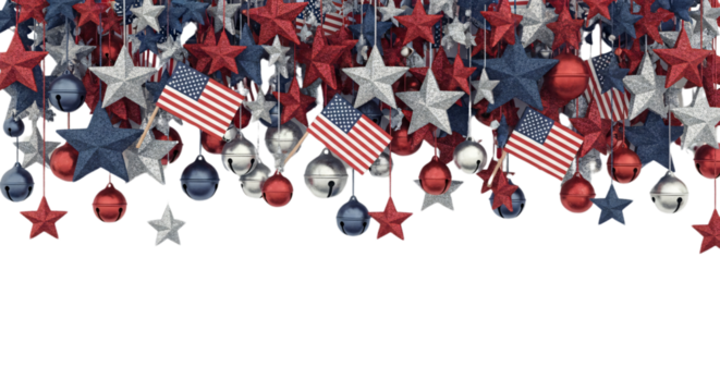 Festive patriotic border with US flags, red, white, blue stars, and ornaments for Fourth of July, Memorial Day, Labor Day, election campaigns, sales banners, and national holiday promotions,