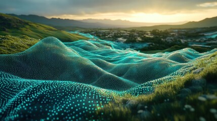 Digital landscape, mesh hills,  sunset view