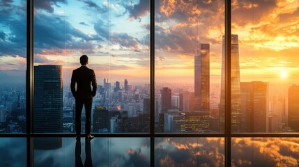Businessman views city skyline at sunset